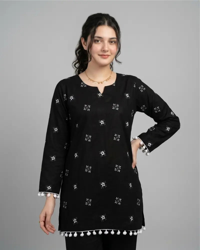 Women's Black Cotton Printed Kurti with White Pom-Pom Lace