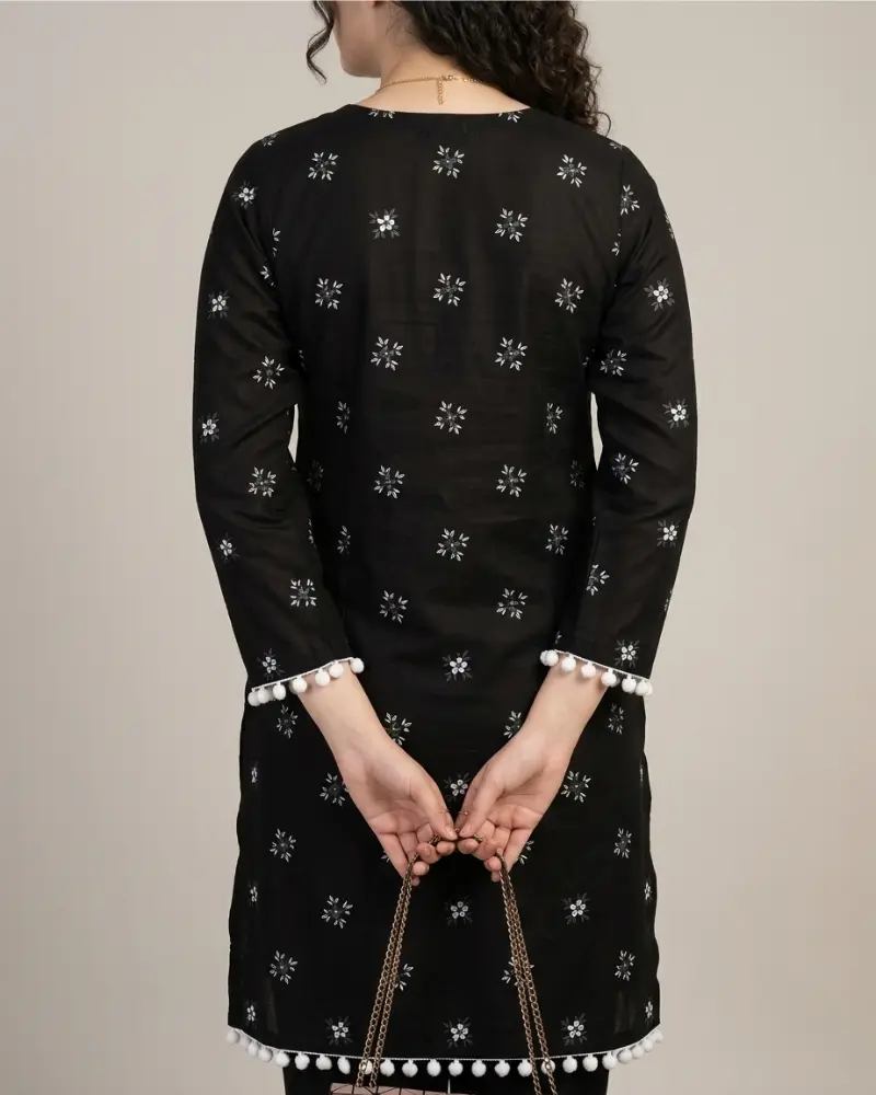 Women's Black Cotton Printed Kurti with White Pom-Pom Lace