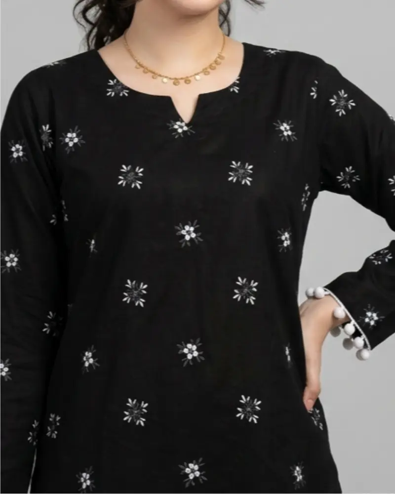 Women's Black Cotton Printed Kurti with White Pom-Pom Lace