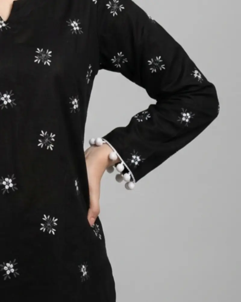 Women's Black Cotton Printed Kurti with White Pom-Pom Lace