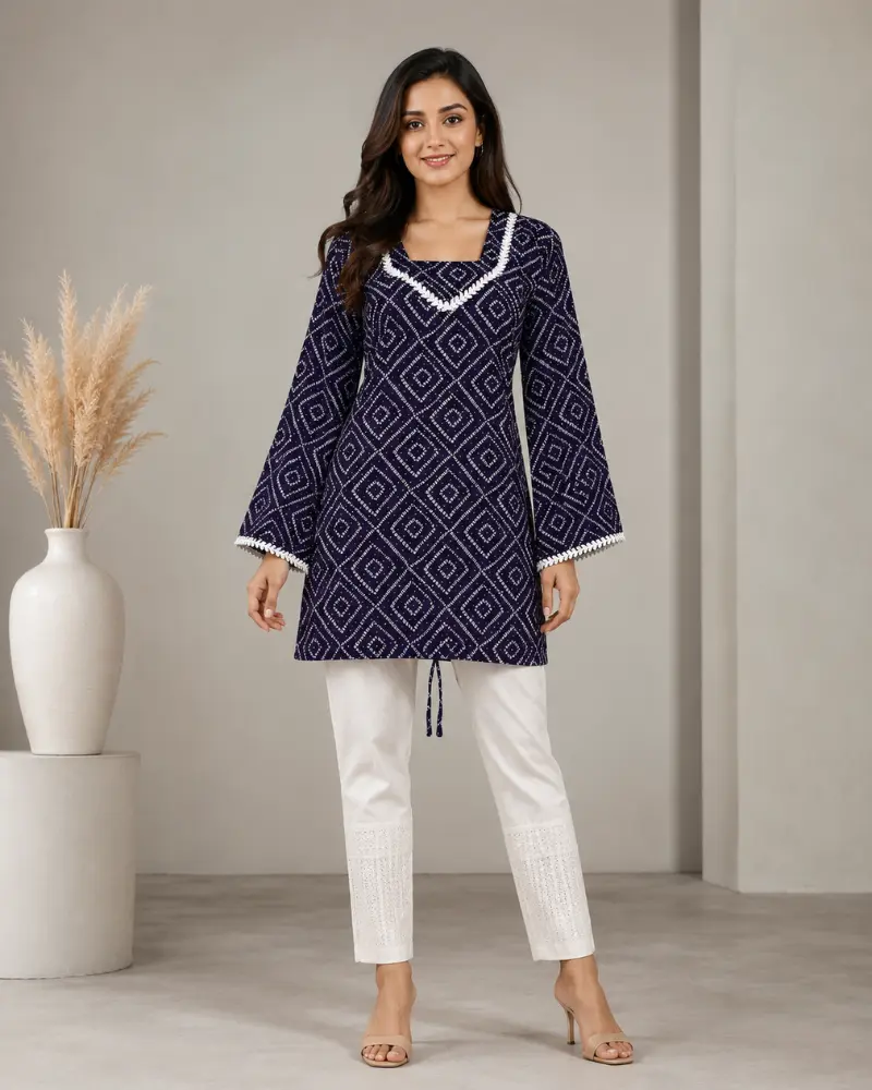 Women's Navy Blue Cotton Bandhani Print Tunic with Lace