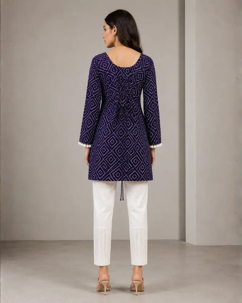 Women's Navy Blue Cotton Bandhani Print Tunic with Lace