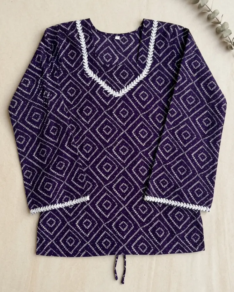 Women's Navy Blue Cotton Bandhani Print Tunic with Lace