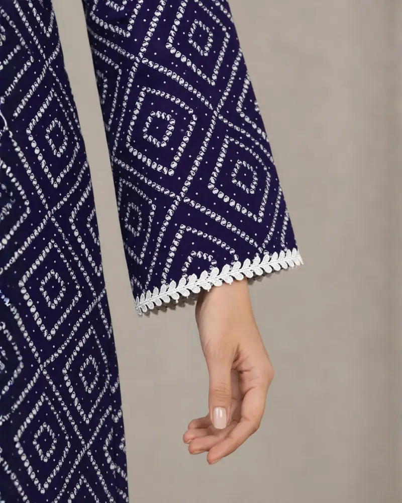 Women's Navy Blue Cotton Bandhani Print Tunic with Lace