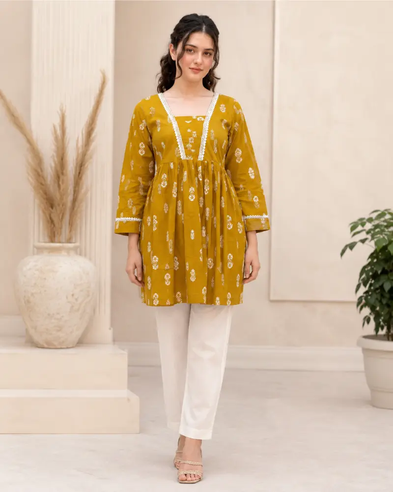 Women's Mustard Yellow Cotton Printed Tunic with Lace