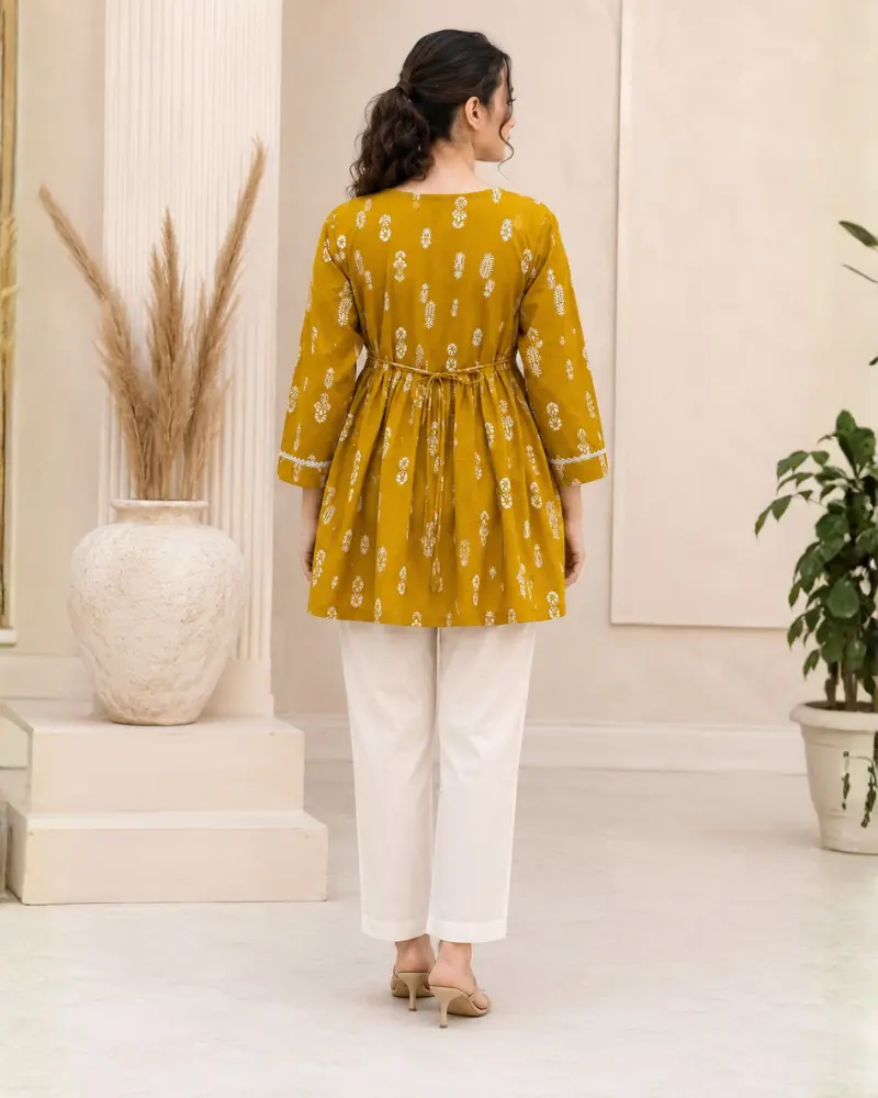 Women's Mustard Yellow Cotton Printed Tunic with Lace
