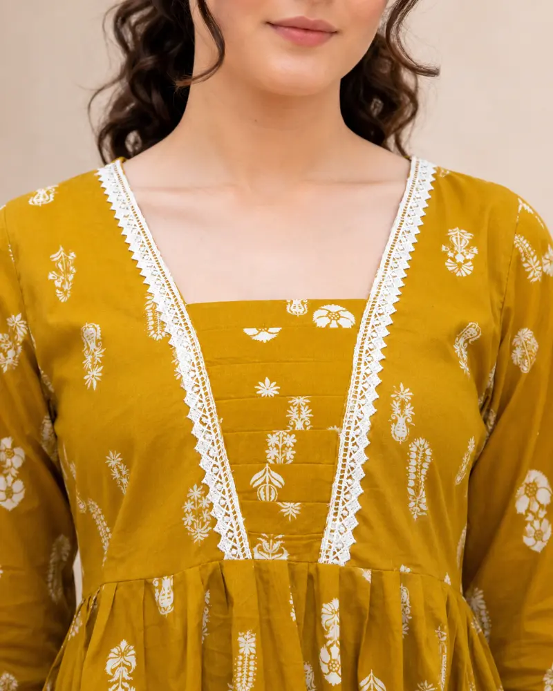 Women's Mustard Yellow Cotton Printed Tunic with Lace
