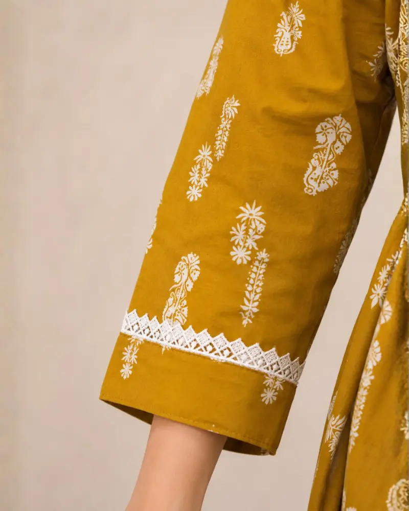 Women's Mustard Yellow Cotton Printed Tunic with Lace
