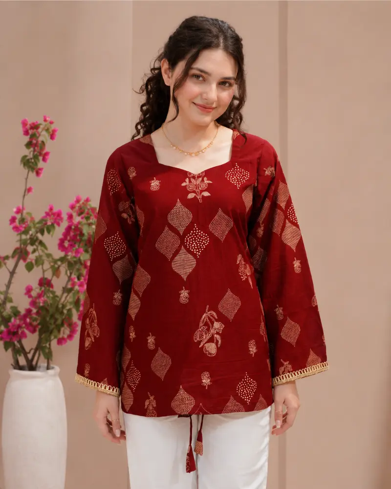 Women's Maroon Cotton Printed Tunic with Lace-Up Back