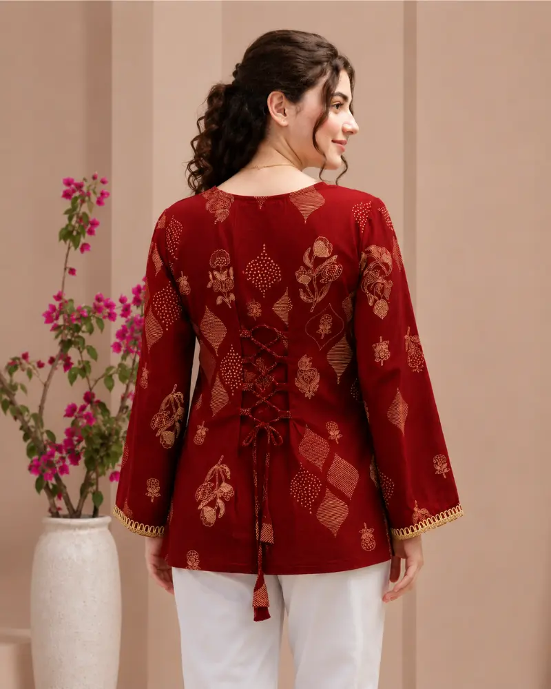 Women's Maroon Cotton Printed Tunic with Lace-Up Back