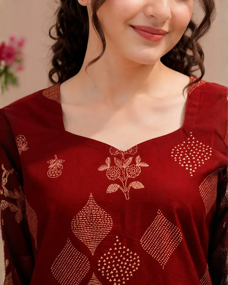 Women's Maroon Cotton Printed Tunic with Lace-Up Back