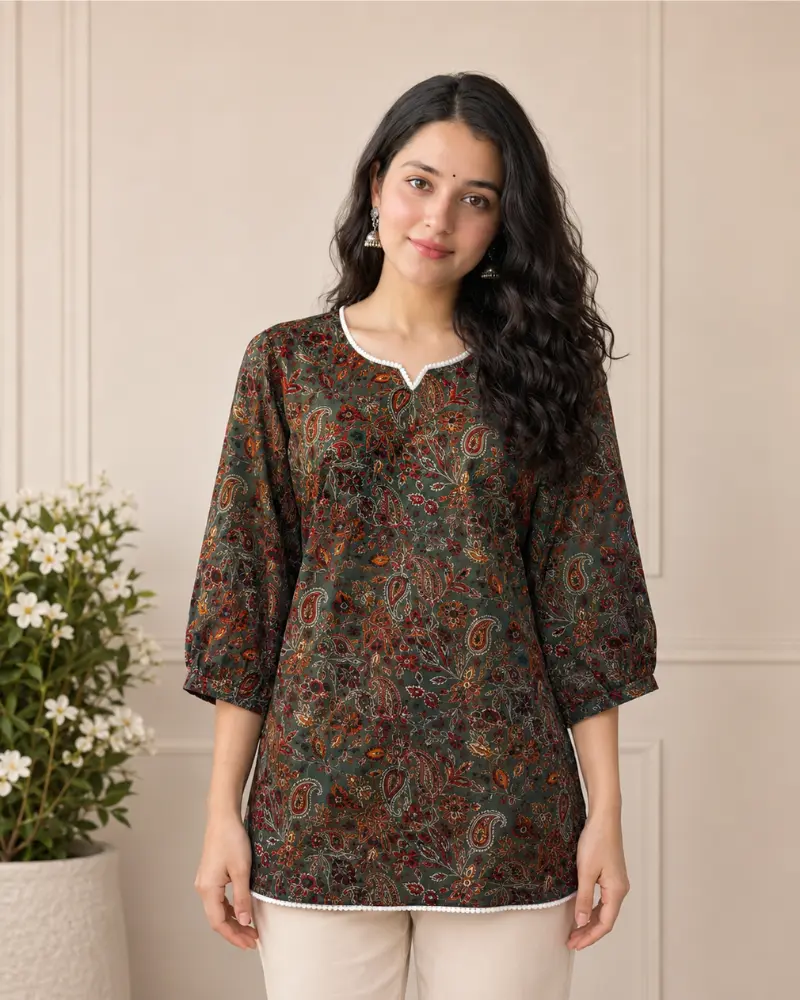 Olive Paisley Printed Cotton Women's Ethnic Tunic