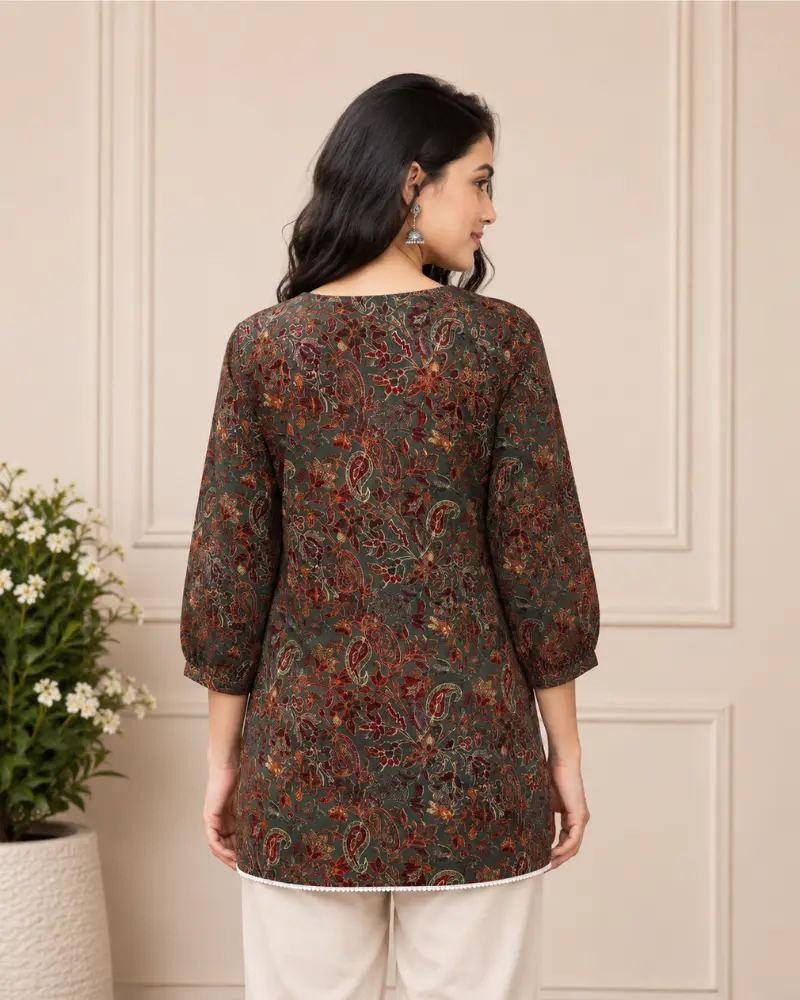 Olive Paisley Printed Cotton Women's Ethnic Tunic