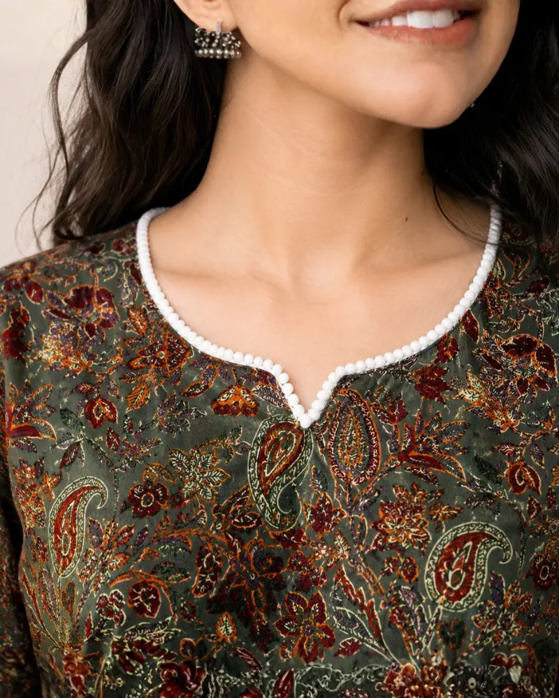 Olive Paisley Printed Cotton Women's Ethnic Tunic