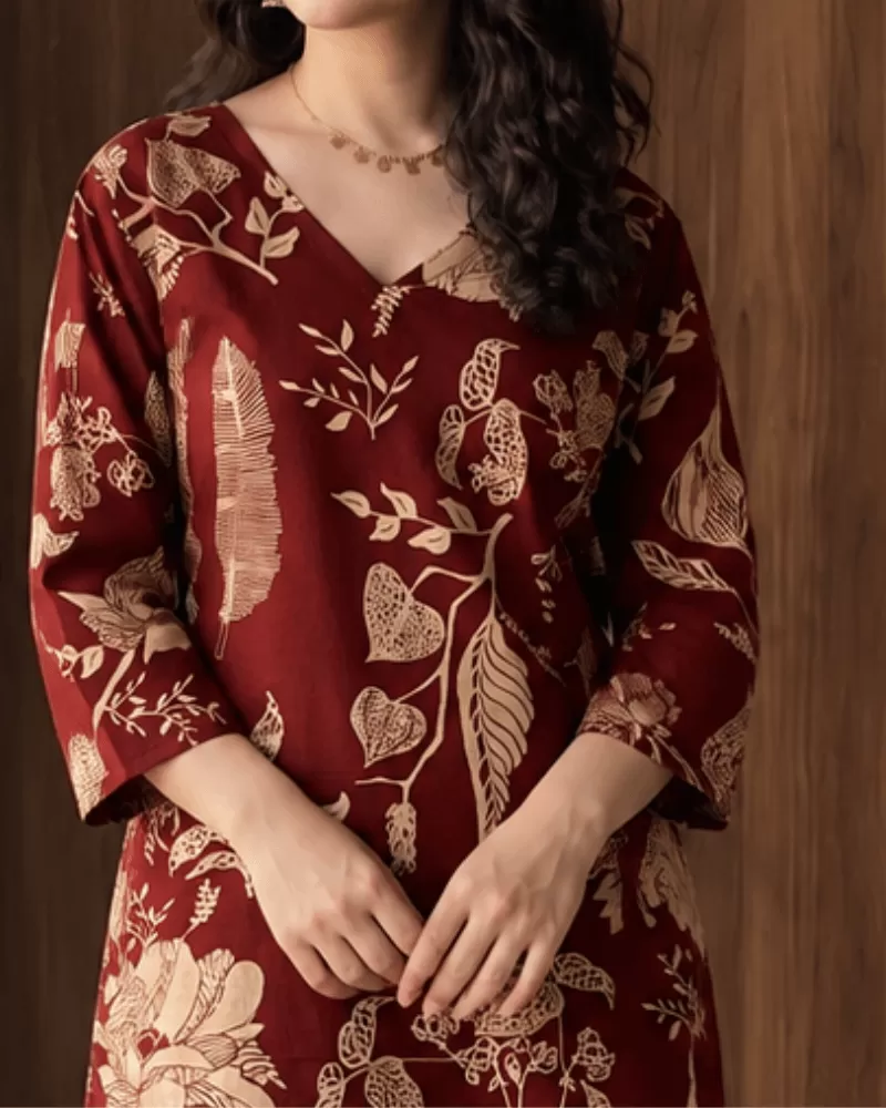 Bindaslook Women Maroon Floral Printed Cotton V-Neck Co-ord Set