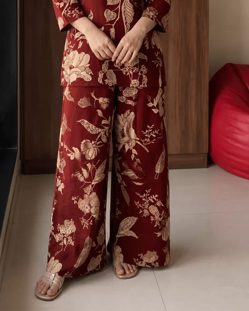 Bindaslook Women Maroon Floral Printed Cotton V-Neck Co-ord Set
