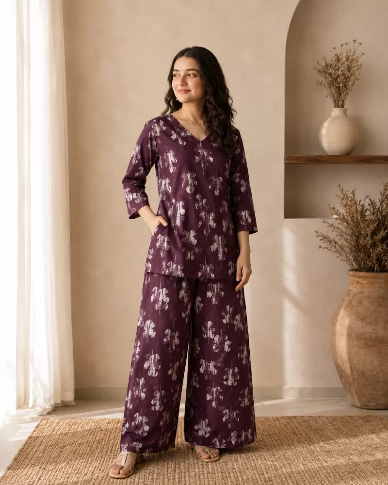 Bindaslook Women Plum Floral Printed Rayon Co-ord Set with Palazzo