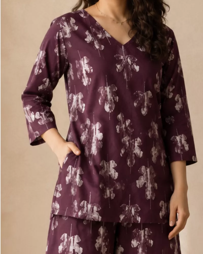 Bindaslook Women Plum Floral Printed Rayon Co-ord Set with Palazzo