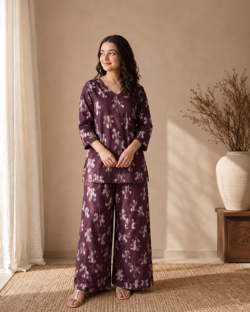 Bindaslook Women Plum Floral Printed Rayon Co-ord Set with Palazzo