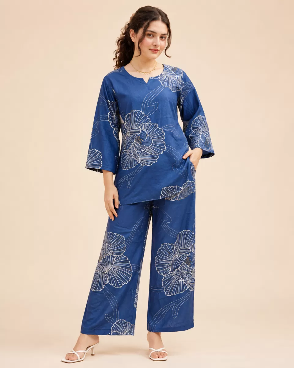 Bindaslook Women Blue Floral Rayon Co-ord Set