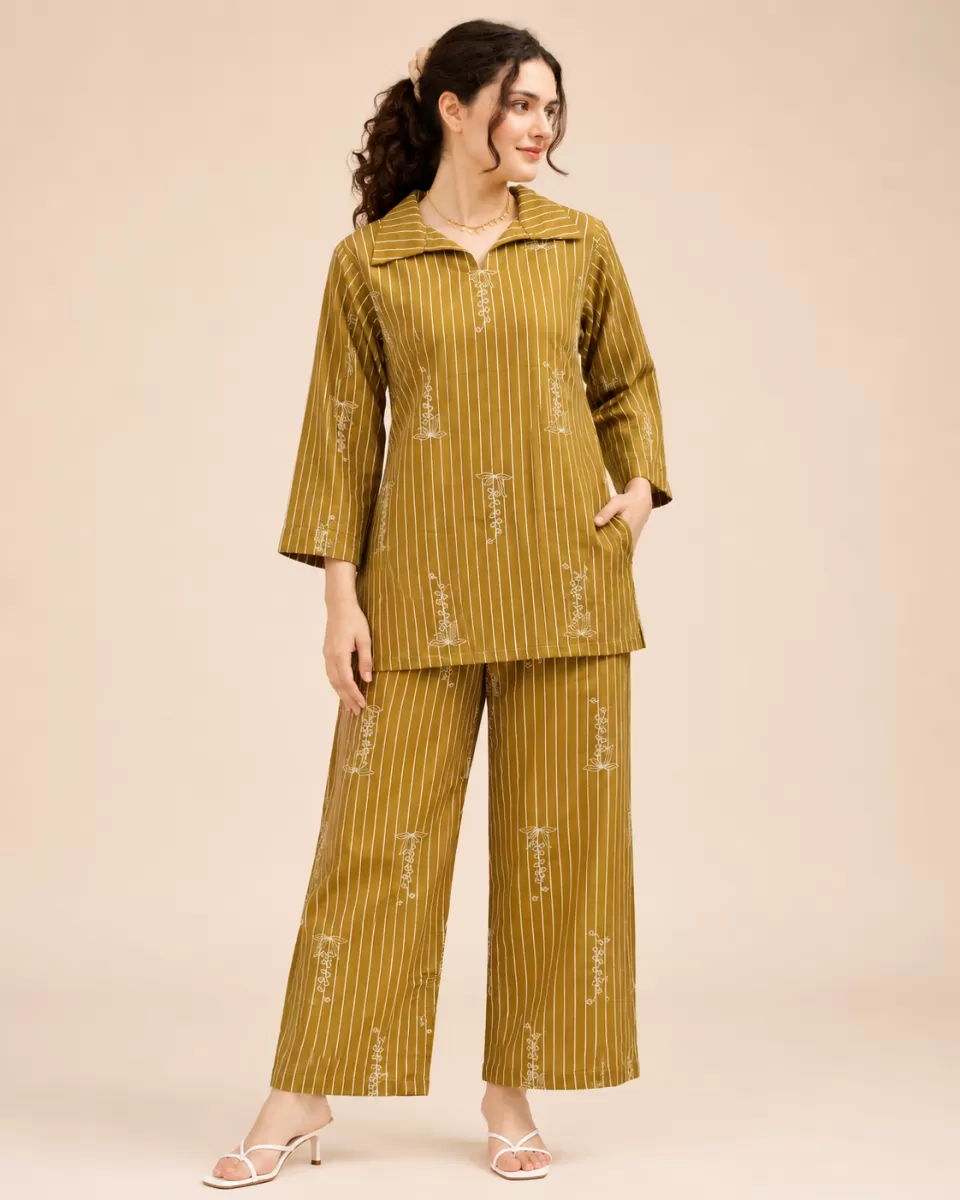 Bindaslook Women Olive Striped Embroidered Cotton Co-ord Set
