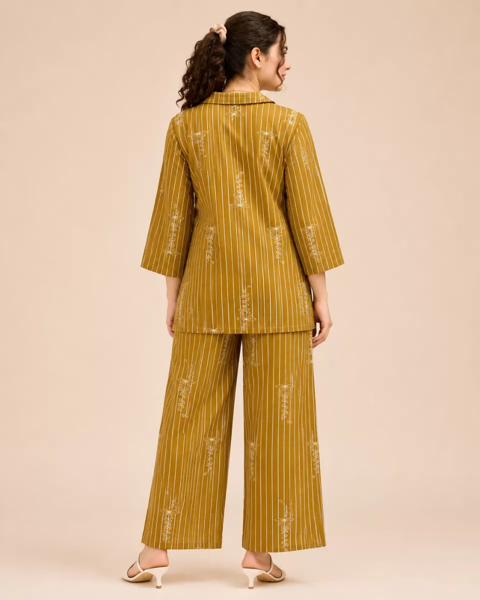Bindaslook Women Olive Striped Embroidered Cotton Co-ord Set