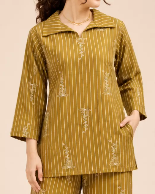 Bindaslook Women Olive Striped Embroidered Cotton Co-ord Set