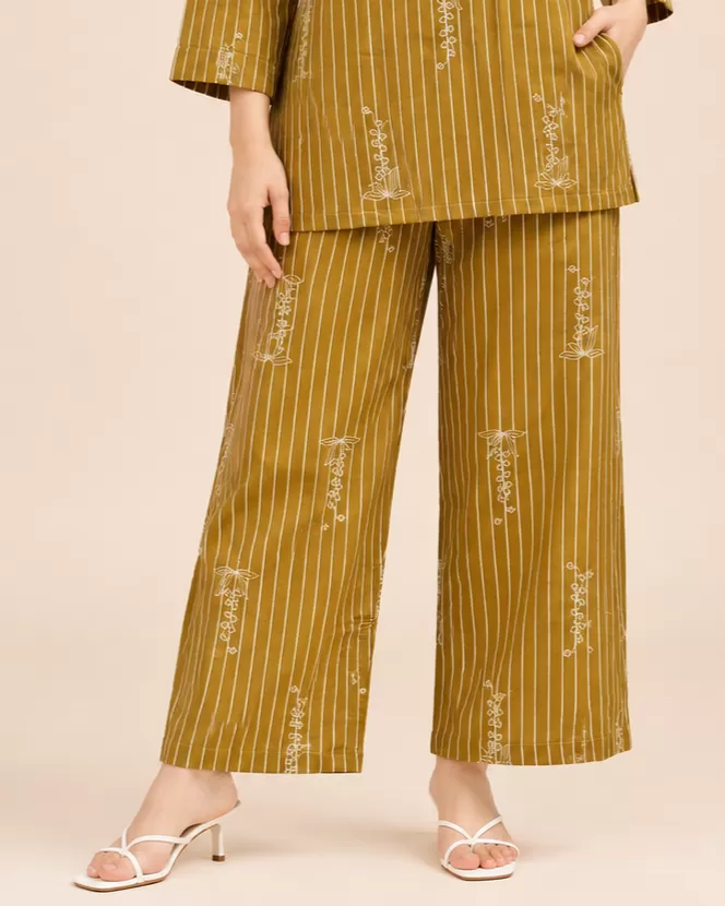 Bindaslook Women Olive Striped Embroidered Cotton Co-ord Set
