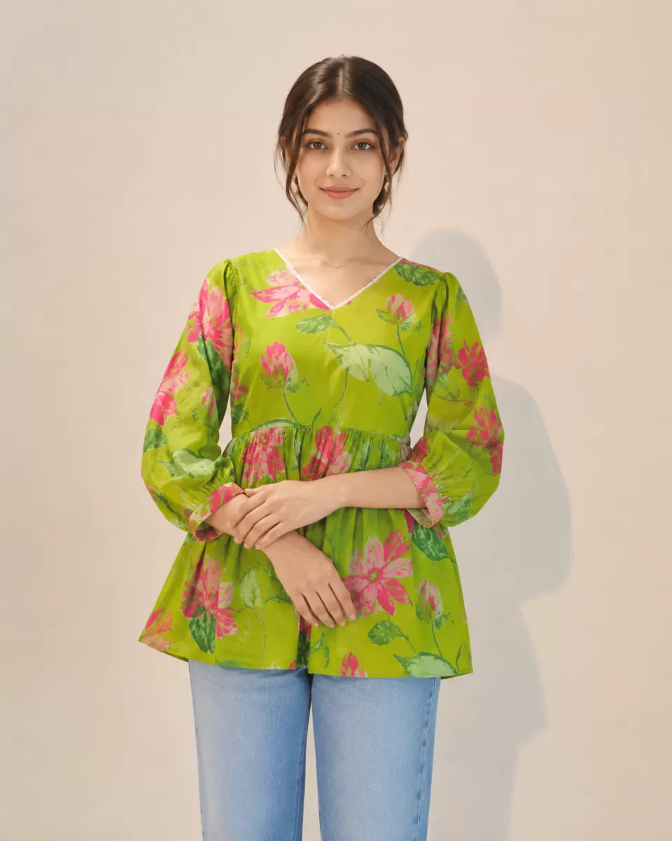 Bindaslook Floral print Green Cotton Short Kurti for Women