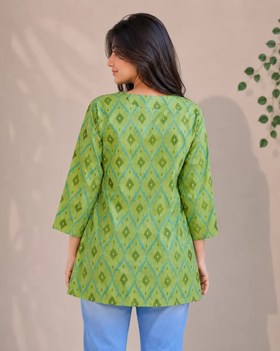 Bindaslook Block Print Green Cotton Short Kurti for Women