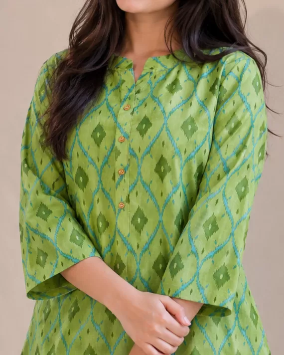 Bindaslook Block Print Green Cotton Short Kurti for Women