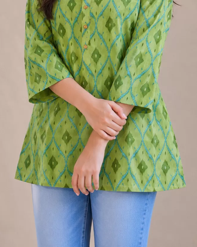 Bindaslook Block Print Green Cotton Short Kurti for Women