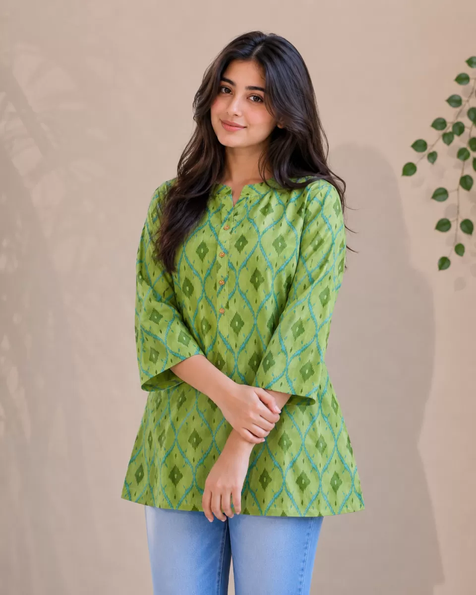 Bindaslook Block Print Green Cotton Short Kurti for Women