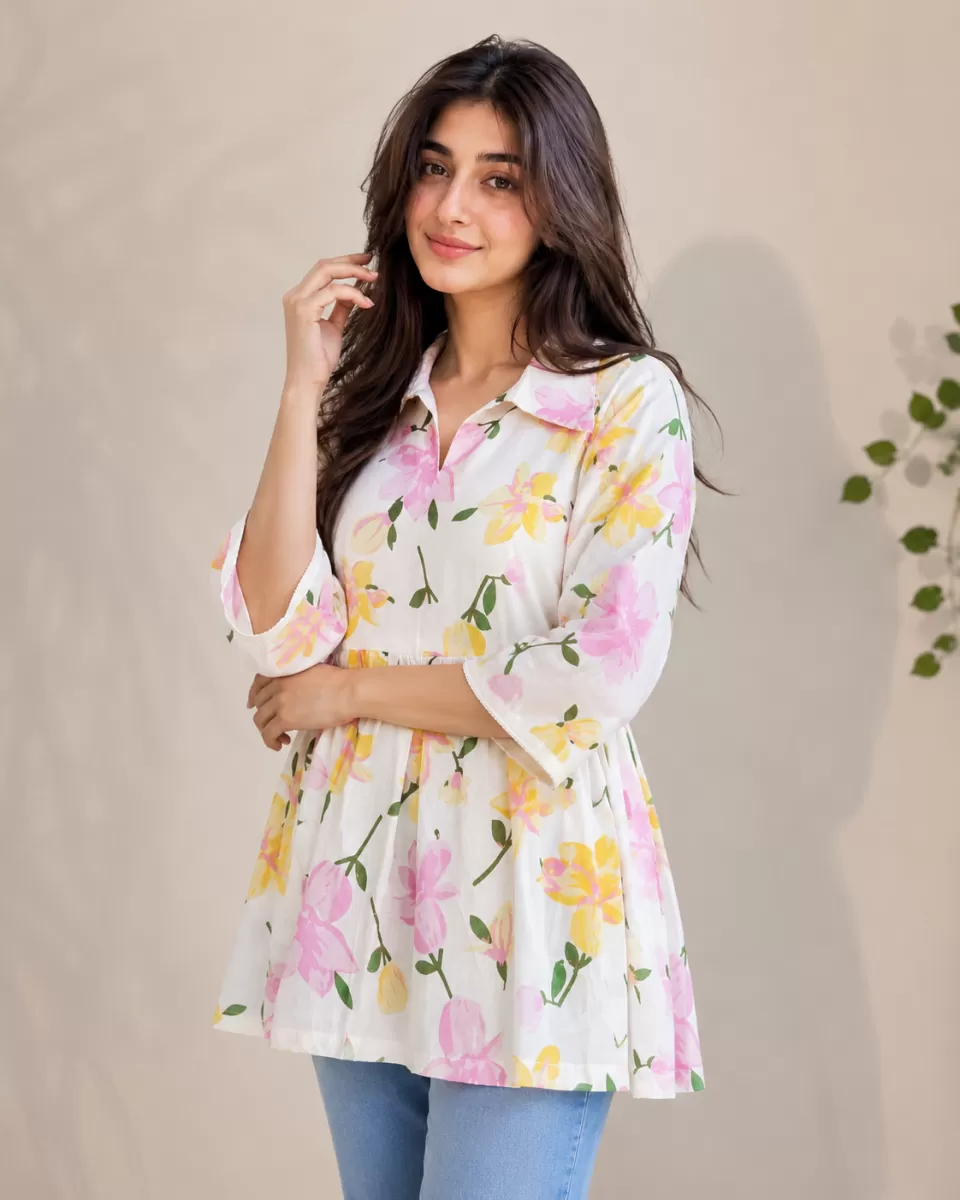 Bindaslook Floral print White Cotton Short Kurti for Women