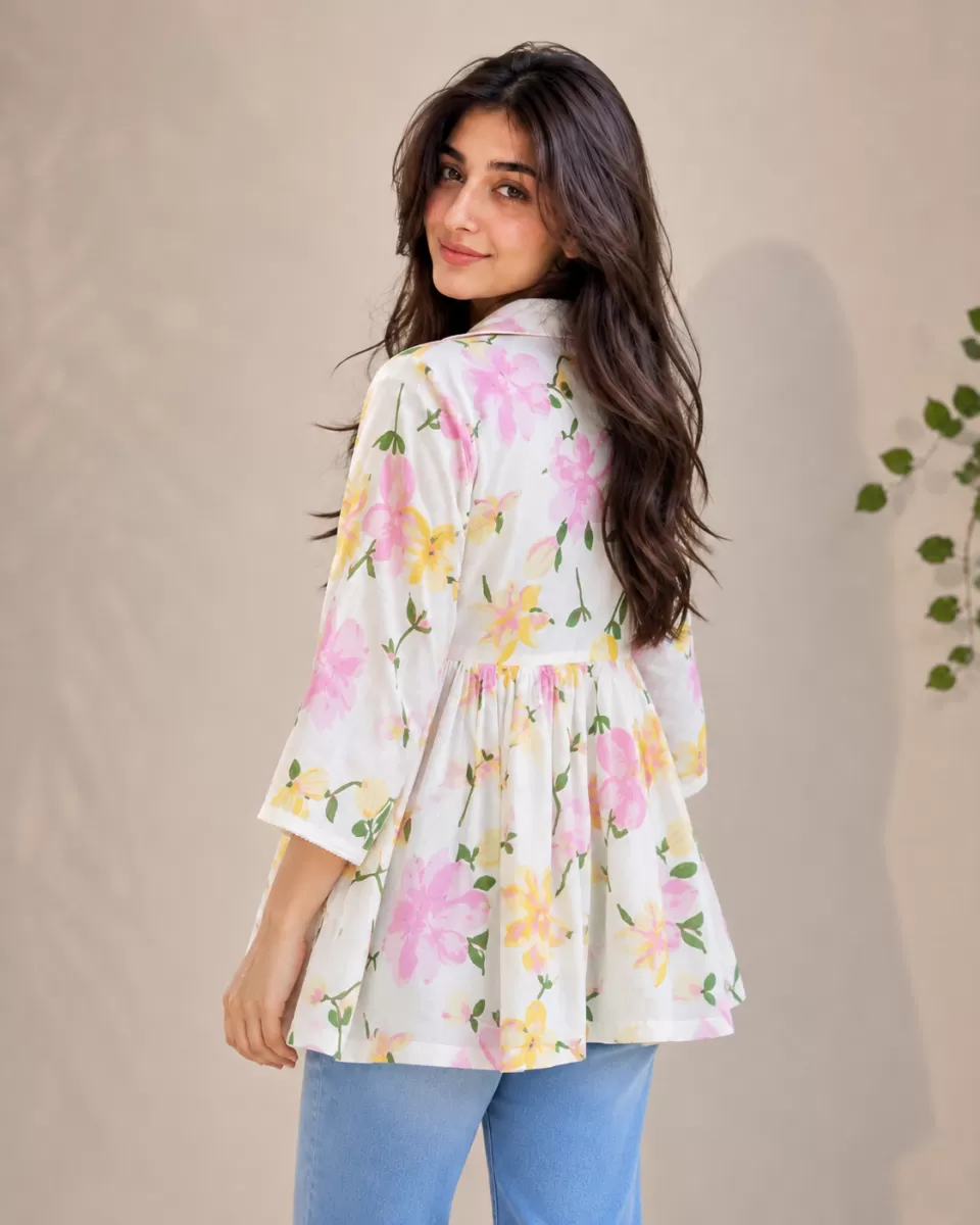 Bindaslook Floral print White Cotton Short Kurti for Women