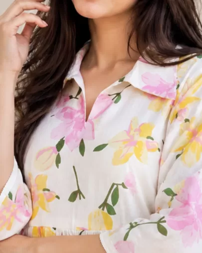 Bindaslook Floral print White Cotton Short Kurti for Women