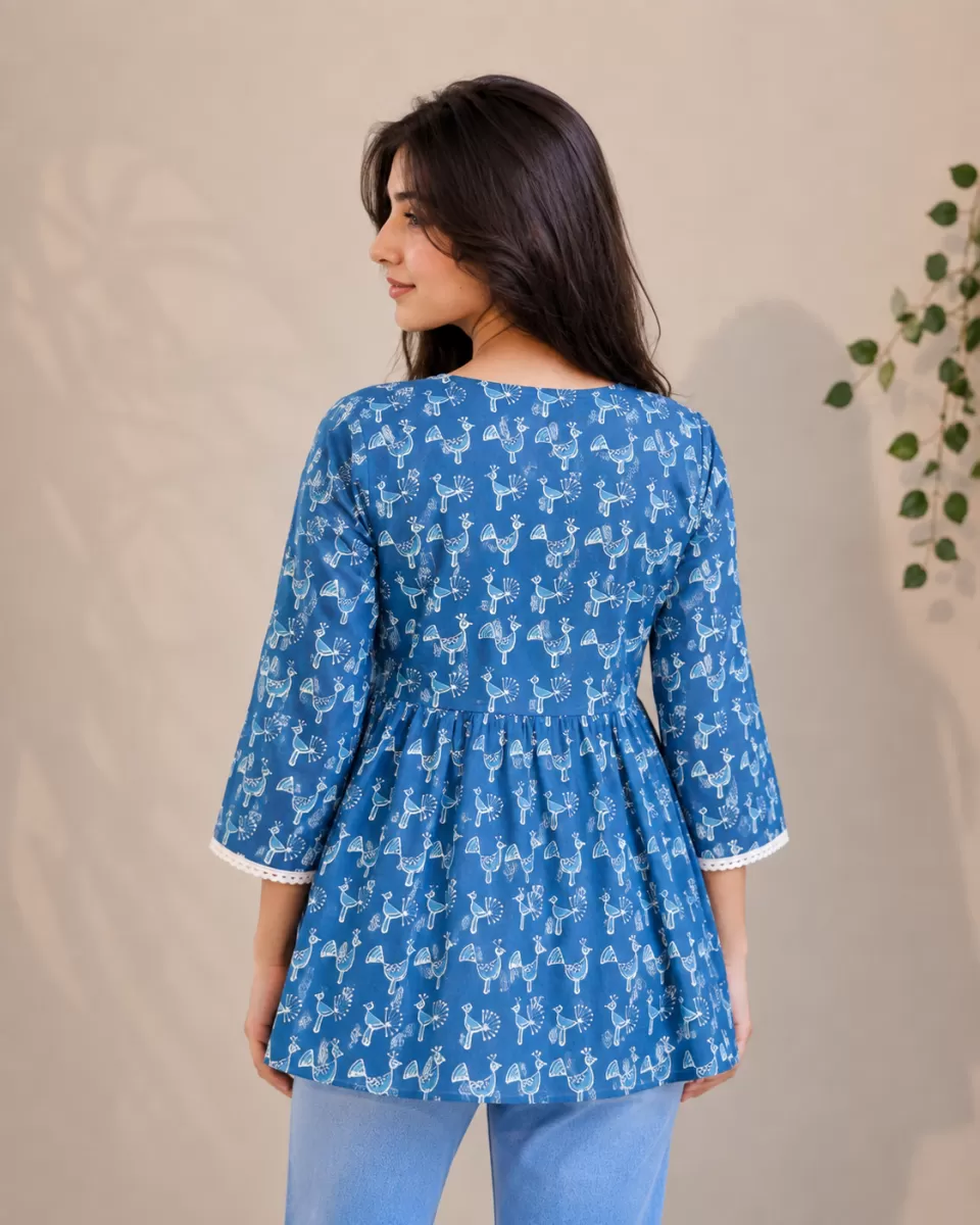 Bindaslook Indigo Dabu Peacock Cotton Short Kurti for Women