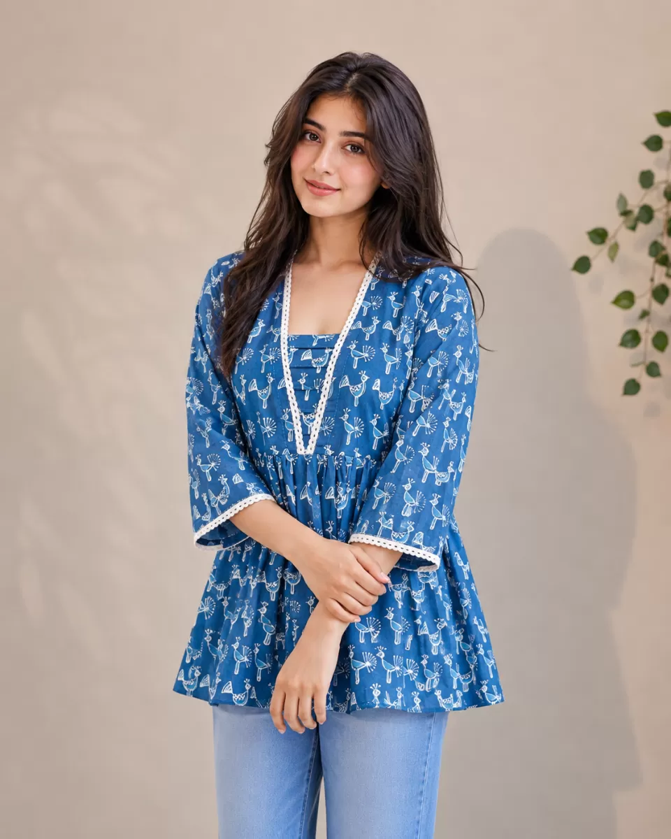 Bindaslook Indigo Dabu Peacock Cotton Short Kurti for Women