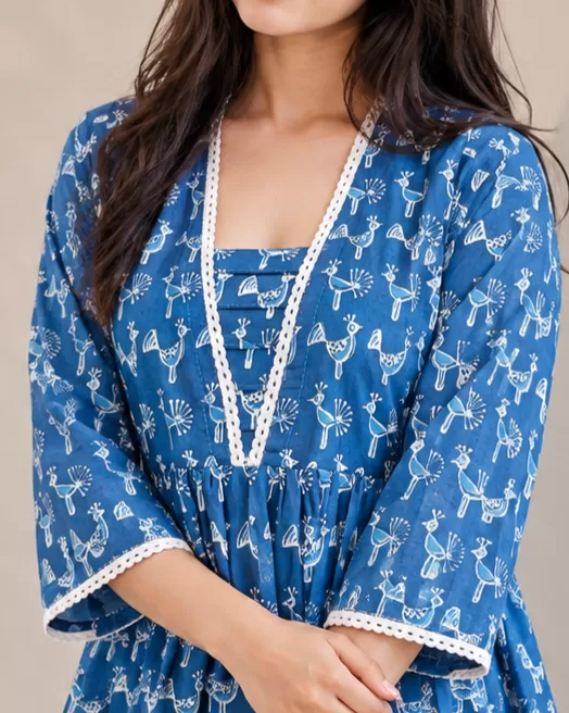 Bindaslook Indigo Dabu Peacock Cotton Short Kurti for Women