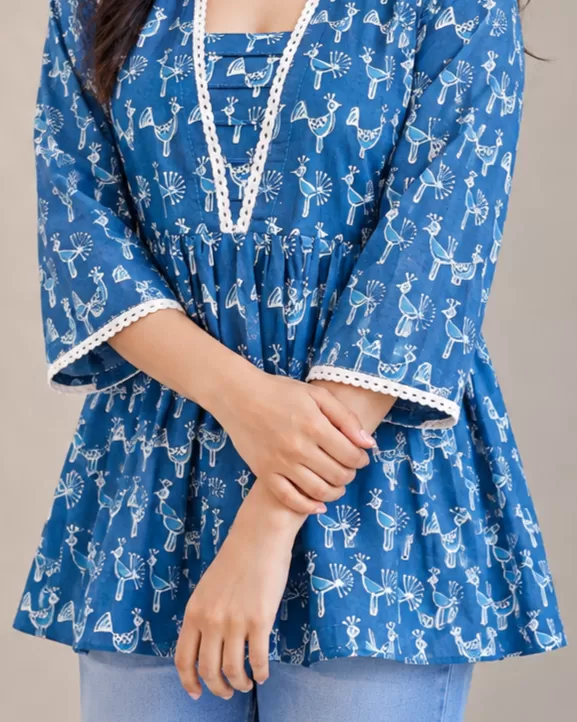 Bindaslook Indigo Dabu Peacock Cotton Short Kurti for Women