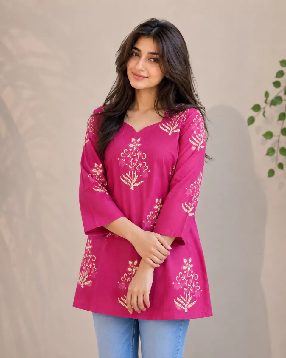 Bindaslook Floral Magenta Pink Cotton Short Kurti for Women