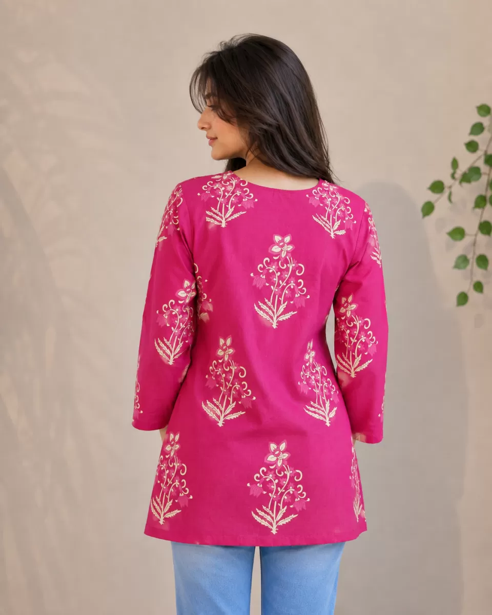 Bindaslook Floral Magenta Pink Cotton Short Kurti for Women