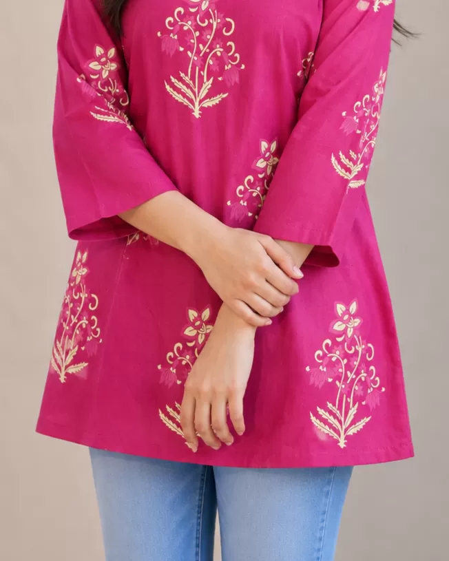 Bindaslook Floral Magenta Pink Cotton Short Kurti for Women