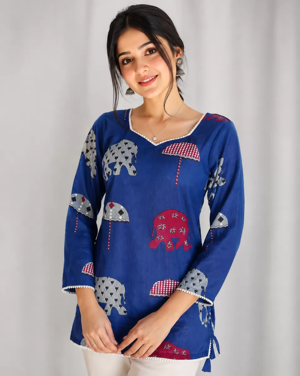 Bindaslook Sky Blue Cotton Short Kurti for Women