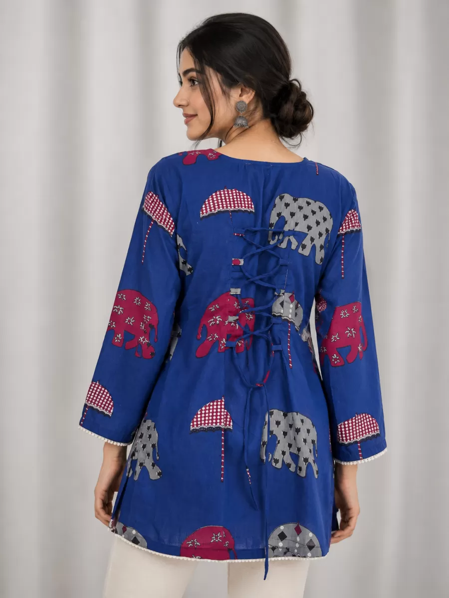 Bindaslook Sky Blue Cotton Short Kurti for Women