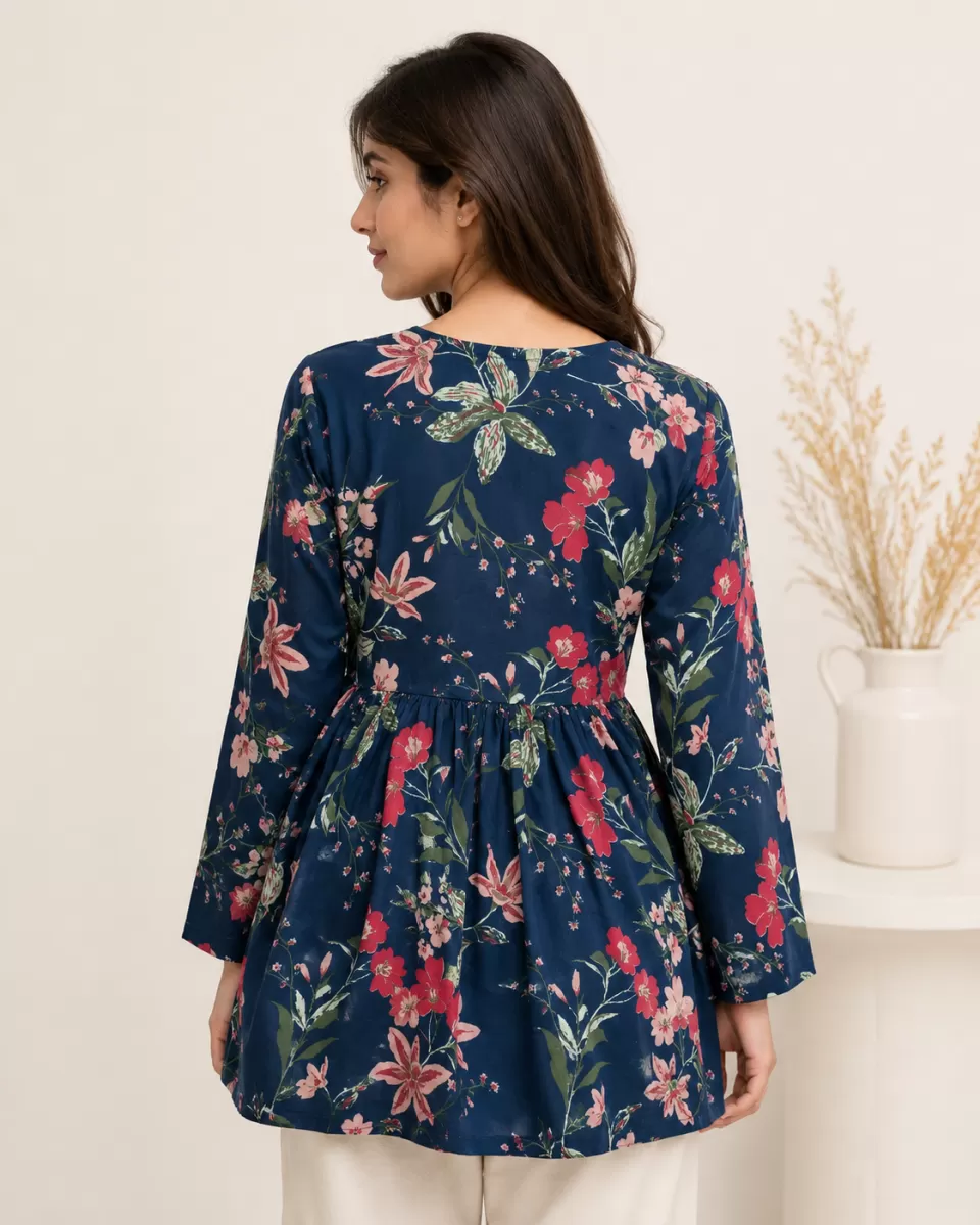 Bindaslook Floral Print Navy Blue Cotton Short Kurti for Women