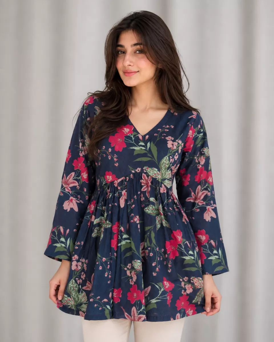 Bindaslook Floral Print Navy Blue Cotton Short Kurti for Women