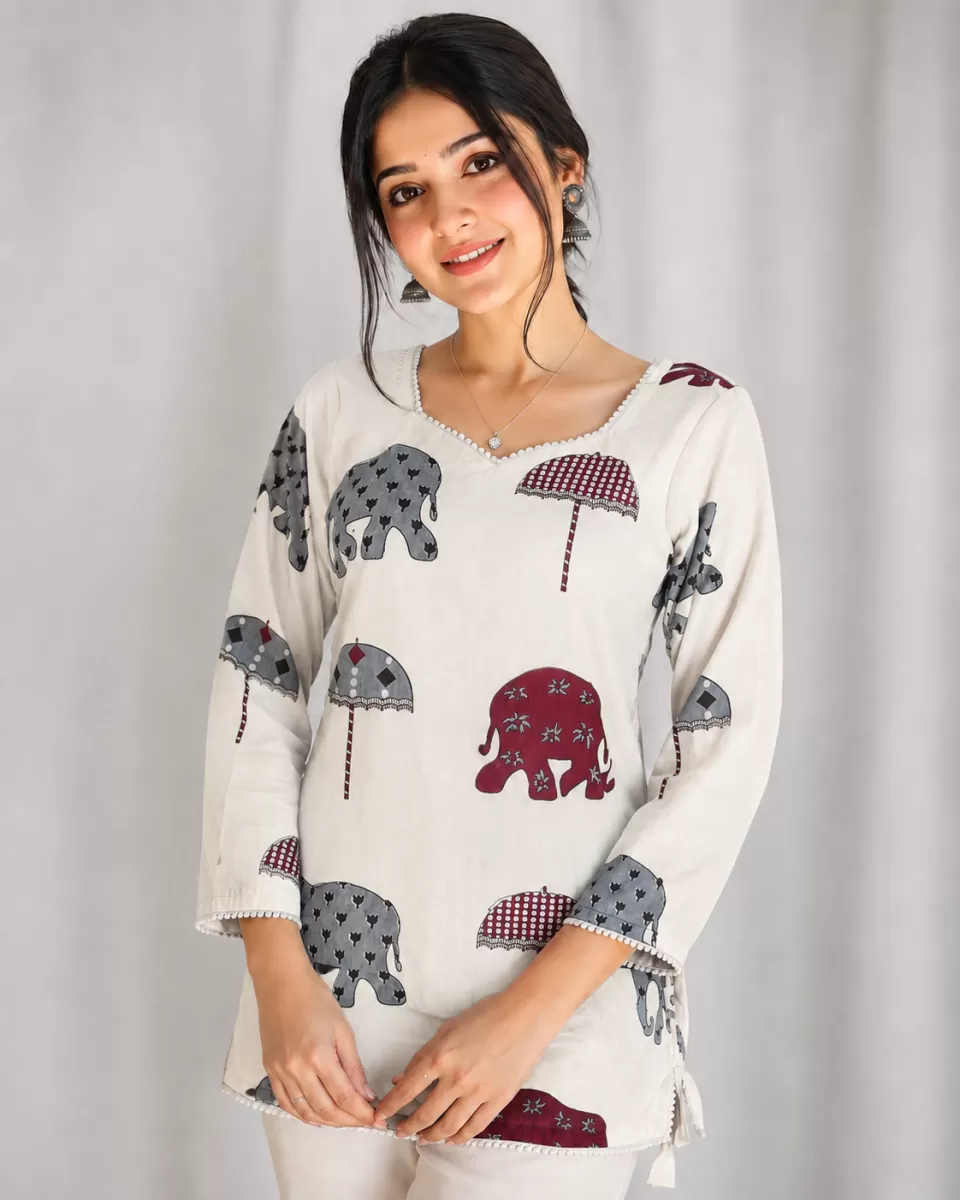 Bindaslook White Cotton Short Kurti for Women