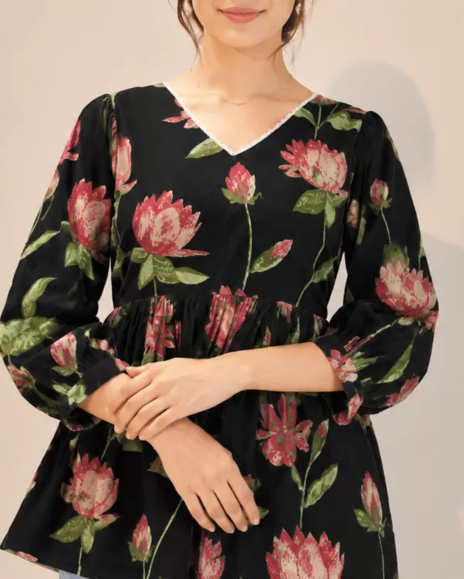 Bindaslook Floral Black Cotton Short Kurti for Women
