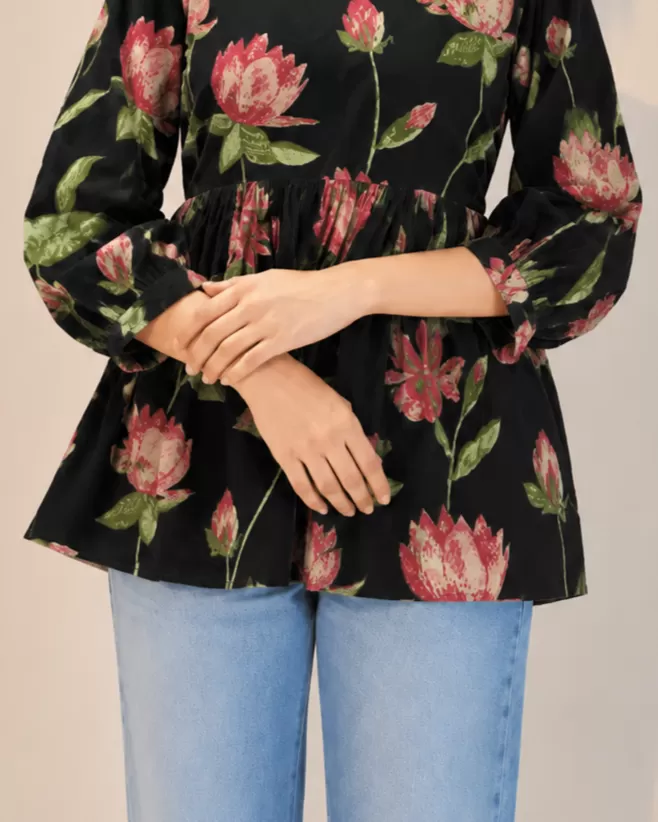 Bindaslook Floral Black Cotton Short Kurti for Women